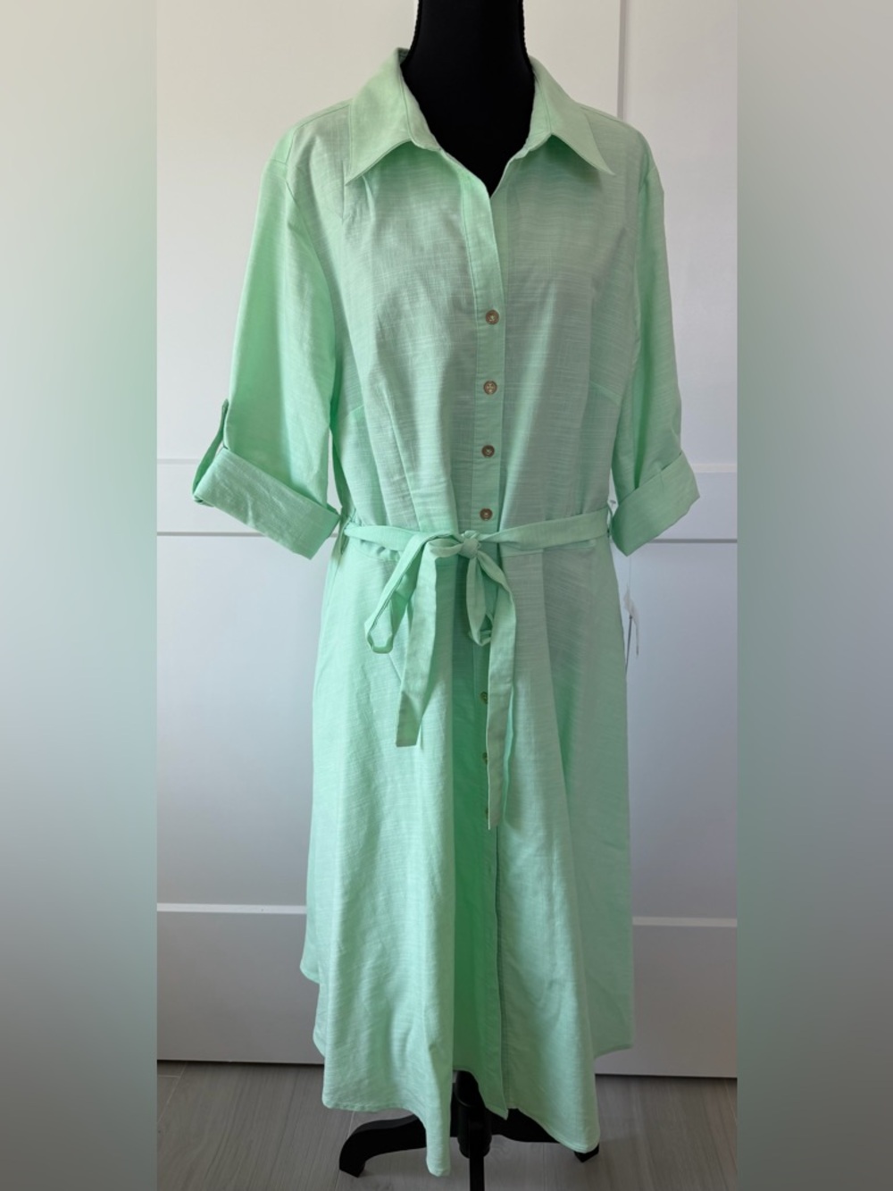 NWT Sharagano Mint Green Belted Midi Button Down Swing Dress, Size 16